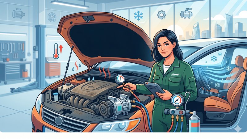 Современная иллюстрация процесса диагностики и ремонта системы кондиционирования в автомобиле для блога сервисного центра